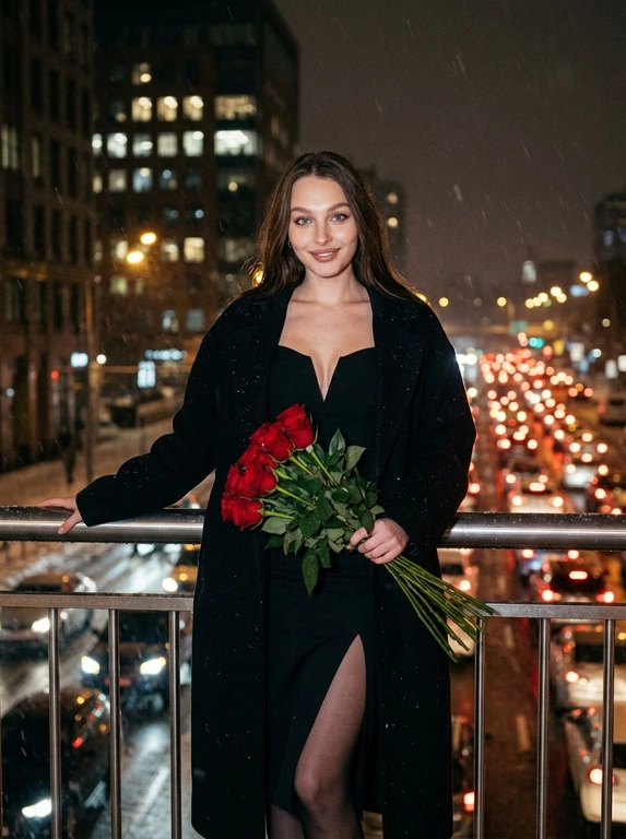 Создай портрет, не меняй черты лица. Кинематографический близкий портрет женщины. Она стоит ночью на мосту на улице, идёт снег с дождём. Женщина одета в чёрное платье с глубоким декольте и открытыми плечами, высокий разрез на ноге, платье до колена, чёрные капроновые колготки и чёрное оверсайз длинное пальто нараспашку. Безупречный макияж, нежная улыбка, взгляд направлен в камеру. Она стоит возле поручня круглого железного моста: одна рука раскинута, в другой она держит букет . Сзади ночной дождливый город с огоньками в окнах домов, внизу под мостом видно множество машин в пробке, много огней от фар. Фото со вспышкой, фото с добавлением зерна.

Какие будет цветы?: В другой руке она держит большой букет длинных красных роз