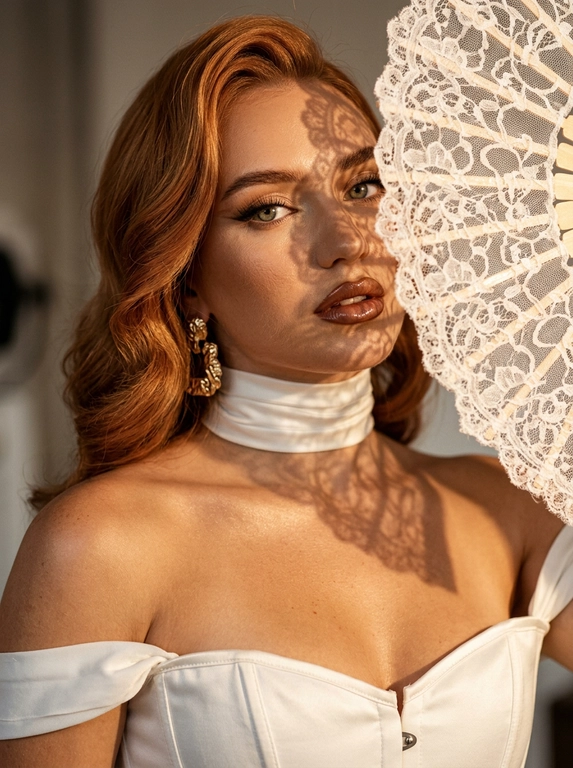Ultra realistic beauty editorial portrait. Крупный портрет модели: лицо, шея и плечи, лёгкий наклон камеры. Белый кружевной веер частично закрывает лицо, создавая чёткие lace shadows на щеке, глазе, шее и ключице.
Белый структурный корсет с открытыми плечами и плотный satin neck wrap, плотно облегающий шею.  Макияж: sharp eyeliner, длинные ресницы, glossy brown lips, сияющая бронзовая кожа с натуральной текстурой.
Тёплый направленный свет, глубокие тени, золотистый glow, крупные золотые серьги, cinematic contrast, subtle film grain, Vogue aesthetic, RAW realism, ultra detailed 8K, no plastic skin.

Какая будет прическа?: Крупные мягкие голливудские волны, уложенные на один бок, элегантный glam-эффект.