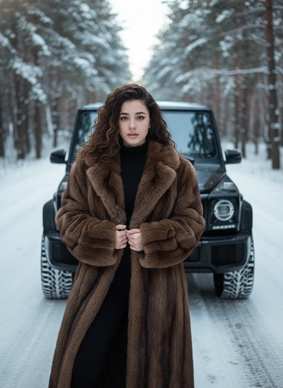 Создай, не меняя черты лица. Реалистичный снимок, высокая детализация лица, кадр на заснеженной лесной дороге при холодном мягком зимнем освещении, подчёркивающем контраст суровой природы и гламура.  
Портретная съёмка. Женщина стоит у машины, смотрит в камеру. На ней чёрный облегающий комбинезон с длинными рукавами и высоким горлом, длинная, объёмная, натуральная меховая шуба коричневого цвета с фактурой, руки перед собой. Свет и тени акцентируют линии тела и стройность позы, мощная машина на фоне сочетает индустриальную холодность с природной суровостью. Снег покрывает землю, создавая контраст тепла меха и мороза, придавая атмосфере таинственность и силу. Цвета — приглушённые тёмные и естественные с акцентом на чёрное и коричневое, как кадр из кинематографичного модного фотопроекта, фотореалистичное, высокая текстурная детализация, 4К. Сзади автомобиль Mercedes‑Benz G 63 AMG