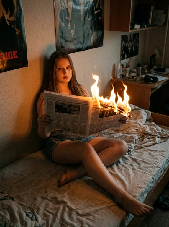Фотореалистичный фронтальный bedroom-shot в тёплой приглушённой вечерней атмосфере. Женщина расслабленно сидит босиком на неубранной кровати, облокотившись на стену спиной, одна нога согнута, другая нога вытянута, естественная поза. На ней короткие джинсовые шорты и открытый верх без акцента на одежде. Она держит перед собой раскрытую газету, середина и правый край газеты охвачен высоким ярким пламенем. Девушка смотрит прямо в камеру с спокойным, слегка отстранённым выражением лица. Снято с фронтального верхнего ракурса. Небольшая спальня с белой стеной, на стене хаотично развешаны постеры и вырезки, мягкое зерно, эстетика пленочной фотографии 2000-х, low light, низкая экспозиция, warm tungsten lighting, cinematic shadows, moody, candid, домашняя атмосфера, натуральная кожа, мягкий фокус, сильное пленочное зерно, вертикальный кадр.