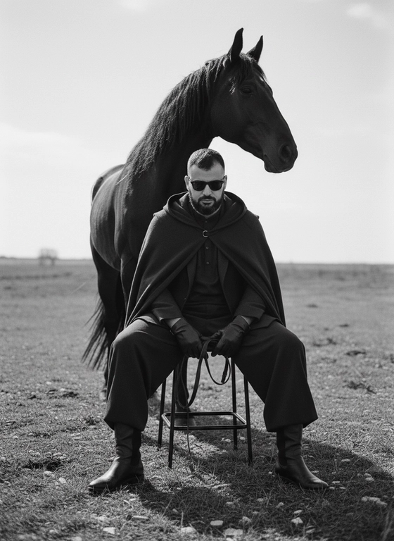 Photograph me sitting low on a minimalist metal stool, legs spread forward in a relaxed, grounded pose, feet planted on uneven outdoor terrain. One hand loosely resting between the knees holding thin leather reins, shoulders slightly slouched, head tilted downward in a calm, introspective expression.
The subject wears dark oversized layered clothing, wide-leg trousers, leather boots, and dark sunglasses. A strong black horse stands closely behind the seated figure, aligned protectively and partially overlapping the subject's silhouette. Open natural landscape with rough ground and wild grass, bright overexposed sky creating strong negative space. High contrast lighting, deep blacks, soft highlights, matte texture. Timeless, cinematic mood.
Medium-format film look, subtle grain, monochrome fine-art fashion editorial, avant-garde luxury photo. the quality of the picture in 1080p qualitv.
