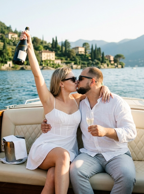 Реалистичная летняя lifestyle-фотография пары, отдыхающей на катере на фоне горного озера. Кадр поясной, пара по центру, точка съёмки на уровне их груди, лёгкий наклон камеры. Поза радостная и романтичная: пара сидит вплотную друг к другу на мягком кремовом стёганом сиденье катера, корпуса развёрнуты друг к другу. Они слились в нежном поцелуе — губы сомкнуты, глаза прикрыты, выражения счастливые и беззаботные, candid-момент. Женщина левой рукой триумфально подняла вверх высоко над головой бутылку шампанского, торжественный жест празднования; правая рука обвивает плечо мужчины. Мужчина одной рукой обнимает женщину за талию, в другой руке держит у груди бокал-флейту с игристым. На обоих стильные тёмные солнцезащитные очки. Женщина одета в белое летнее мини-платье из лёгкого хлопка на тонких бретелях с корсетным верхом, мягкой драпировкой на груди и пышной расклешённой юбкой. Мужчина в белой льняной рубашке свободного кроя с длинными рукавами и светло-серых брюках. Украшения женщины: маленькие золотые серьги. Макияж естественный летний: ровный сияющий тон, лёгкий персиковый румянец, мягкие тёплые тени, тушь, мягко прорисованные брови, нюдово-розовая помада с лёгким блеском. На сиденье катера слева стоит белое ведёрко для льда с белой салфеткой. Фон: широкая панорама итальянского горного озера в стиле озера Комо — мерцающая голубая водная гладь с солнечными бликами, на дальнем плане поросшие зеленью горные склоны с виллами и кипарисами, ясное светлое небо. Свет: тёплое мягкое солнце золотого часа сзади-сбоку, создаёт выраженный контровой свет, золотистые блики на воде, волосах, коже и тканях, мягкое летнее свечение. Атмосфера праздничная, романтичная, гламурная, благородная, отпускная. Стиль: реалистичная lifestyle-фотография в эстетике соцсетей, чистые тёплые натуральные цвета, лёгкая плёночная фактура, малая глубина резкости, резкий фокус на лицах. Снято на 35mm f/2.2.

Доп. характеристики: Мужчина крупной комплекции, девушка средней