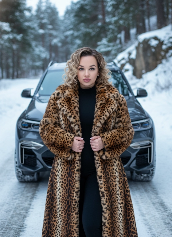 Создай, не меняя черты лица. Реалистичный снимок, высокая детализация лица, кадр на заснеженной лесной дороге при холодном мягком зимнем освещении, подчёркивающем контраст суровой природы и гламура.  
Портретная съёмка. Женщина стоит у машины, смотрит в камеру. На ней чёрный облегающий комбинезон с длинными рукавами и высоким горлом, длинная, объёмная, натуральная меховая шуба коричневого цвета с фактурой, руки перед собой. Свет и тени акцентируют линии тела и стройность позы, мощная машина на фоне сочетает индустриальную холодность с природной суровостью. Снег покрывает землю, создавая контраст тепла меха и мороза, придавая атмосфере таинственность и силу. Цвета — приглушённые тёмные и естественные с акцентом на чёрное и коричневое, как кадр из кинематографичного модного фотопроекта, фотореалистичное, высокая текстурная детализация, 4К. Сзади автомобиль BMW x7 она в леопардовой длинной шубе с распущенными локонами 