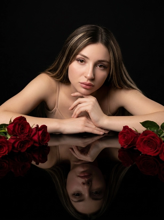 Студийный портрет женщины. Обстановка минималистичная: черный, глянцевый стол, отражающий человека и объекты на нем. Стиль фото - гламурная съемка с акцентом на красоту. Атмосфера спокойная и немного загадочная. Цветовая гамма - сочетание глубокого черного фона, красных роз и телесных оттенков кожи.

Женщина лежит на столе, опираясь на предплечья. Руки сложены, как будто она придерживает голову. На ней надет топ или платье с тонкими бретельками телесного цвета. На столе, вдоль рук человека, лежат красные розы. Они расположены таким образом, чтобы создавать симметричную композицию. Отражение в столе дублирует изображение человека и роз, усиливая эффект глубины и симметрии. Свет мягкий, рассеянный, акцентирует внимание на лице и розах, создавая игру света и теней.