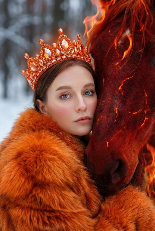   Высокофэшн Vogue editorial fantasy портрет крупным планом, воссоздающий сцену максимально точно. Интимный, плотный кадр от плеч и выше. Женщина слегка повернута в три четверти к камере, с спокойным, эфирным выражением лица и прямым, притягательным взглядом. Она нежно прижимается к шее величественного огненного коня, их лица расположены очень близко друг к другу в пределах кадра. На ней роскошная оранжевая меховая шуба с богатой, густой текстурой и выраженным объёмом, заполняющим передний план кадра. Мех выглядит мягким, дорогим, глубоко проработанным. На голове - эффектная оранжевая корона, инкрустированная сверкающими кристаллами с зеркальными гранями, которые ловят и преломляют огненный свет. Редакционный макияж подчёркивает сияющую фарфоровую кожу, лёгкий румянец и естественные губы. Конь изображён как живое воплощение огня: глубокие багряно-красные оттенки, светящиеся раскалённые трещины на коже, грива из струящихся языков пламени, частично видимая рядом с её лицом. Интенсивный тёплый оранжево-красный огненный свет освещает корону, мех и черты лица, создавая резкий контраст с холодными, приглушёнными оттенками заснеженного зимнего леса на мягко размытом заднем плане. Кинематографичный свет сочетает огненные блики и холодные рассеянные тени. Ультрамалая глубина резкости изолирует лица, усиливая ощущение близости. Мифическая сказочная элегантность, союз моды и фэнтези. Ультрадетализированная реалистичная фотография, качество обложки модного журнала. Съёмка на высококлассную среднеформатную камеру, объектив 85 мм, диафрагма f/1.8. Кинематографичная цветокоррекция. Без текста, без логотипов, без водяных знаков.