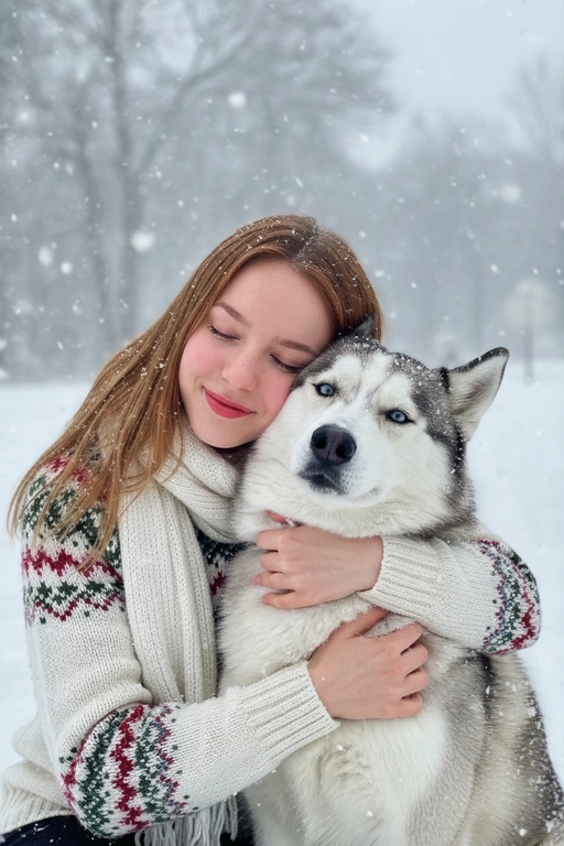 Соответствие лица: сохраняйте точные черты лица, структуру костей, разрез глаз, форму губ, текстуру кожи и оттенок по загруженной фотографии, максимально соответствует индивидуальности] -> Человек с мягкой улыбкой, полузакрытыми от счастья глазами -> нежно обнимает собаку, щека прижата к пушистой шее собаки, обе руки обвиты вокруг груди и шеи собаки, снежинки тают на шерсти и волосах., нежное, любящее выражение лица -> в кремово-белом толстом свитере скандинавской вязки с традиционным красно-зеленым рождественским рисунком на рукавах и воротнике,  в белом вязаном шарфе, свободно повязанном на шее -> на улице в сильный снегопад. В кадре видно морду собаки. Собака породы сибирский хаски.