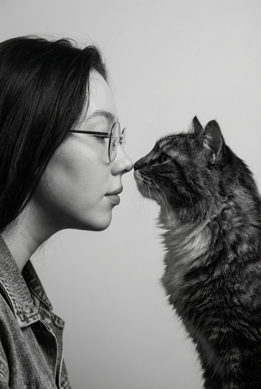 Сделай фото со мной и моим питомцем. Реалистичное фото, с высокой детализацией. Снимок меня и моего питомца в профиль. Фото сделано первым средним планом (Medium CloseUP), в кадре видно часть туловища (с головы до середины груди).
Я стою лицом к своему питомцу в строгий профиль, смотрю прямо на него.
Мой питомец расположен прямо напротив моего лица, также в профиль, смотрит прямо на меня. Наши носы почти соприкасаются. Наши головы могут быть наклонены: например, моя голова наклонена немного вниз, а голова питомца наоборот повыше. Четкая визуальная симметрия между моем лицом и головой моего питомца.
Студийное освещение, мягкий свет, создающий контрастность и скульптурные тени, на самом лице минимум тени. 
 Я и питомец мило смотрим друг на друга.  Черно-белая фотография. Фон светлый, нейтральный. 
