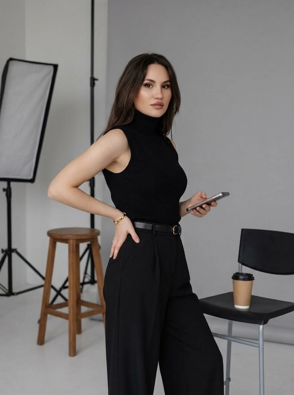 Это модный снимок, сделанный в светлой студии с минималистичным дизайном. На заднем плане видна серая стена и часть студийного оборудования, включая отражатель света и деревянный табурет. Цветовая гамма приглушенная, в основном серые и нейтральные тона.
Модель стоит вполоборота, смотря вправо от камеры. Одна рука у нее на бедре, другая держит телефон. Она одета в трикотажный топ без рукавов с высоким воротником и широкие брюки с высокой талией. На талии тонкий черный кожаный ремень. На руке тонкий золотой браслет.
Рядом с ней стоит черный стул, на котором стоит бумажный стаканчик с кофе. Атмосфера спокойная и элегантная.

Цвет топа: Топ чёрный

Цвет брюк: Брюки чёрные