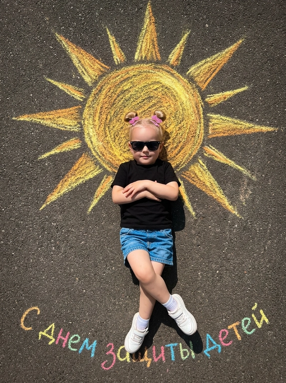Top-down shot of a child lying on dark grainy asphalt. A bright chalk-drawn sun with radiant rays is drawn above the child’s head. The child is wearing black sunglasses, a black t-shirt, denim shorts, and sneakers with white socks. Arms crossed on chest, legs bent and crossed at ankles. Vibrant chalk sun texture in yellow, orange, and warm golden tones. Harsh midday sunlight, sharp shadows, high contrast. Summery playful atmosphere. On the asphalt below, colorful chalk lettering reads "С днем защиты детей". Photorealistic, 8k, highly detailed texture.