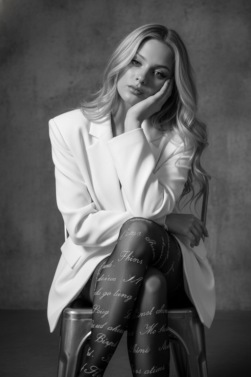Портрет женщины, расслабленно сидящей на металлическом стуле со скрещенными ногами, голова наклонена в сторону и опирается на руку, средний план, перспектива на уровне глаз, естественный макияж со стрелками на глазах, с мягким контурингом и естественными губами, в объемном белом блейзере со структурированными плечами и капроновых колготках с узорами в виде красивых надписей , на фоне фактурной стены, драматическое кинематографическое освещение, боковое освещение справа, резкие контрастные тени, таинственная и напряженная атмосфера, съемка портретным объективом 85 мм, малая глубина резкости, высокохудожественная редакционная фотография, фотореалистичный, высокая детализация, монохромная цветовая палитра. Волосы легкими волнами