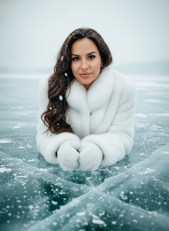 Профессиональная редакционная портретная фотография молодой женщины, лежащей на льду замерзшего озера со снежинками, выполненная в ультравысоком разрешении, с сохранением точных черт лица, цвета глаз, волос и тона кожи. Возьмите прилагаемую фотографию за основу и максимально сохраните все черты лица, воздушную мягкость, естественность пасмурной зимы. свет мягко освещает ее лицо, верхний угол обрамляет лицо и распущенные волосы на фоне текстурированного льда, блестящий белый воротник шубки и белые перчатки обрамляют ее тонкую улыбку, безмятежная, уверенная зимняя атмосфера, холодные тона бирюзового льда, белоснежный мех и снег, стиль бьюти-съемки высокой моды, мелкая съемка с четким акцентом на лице. Профессиональный объектив с ультрадетализацией 8K.


