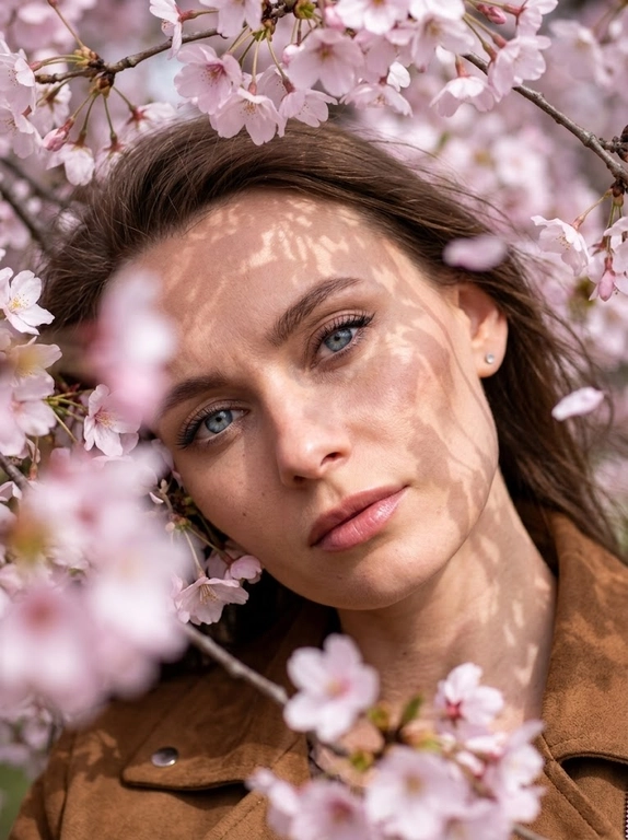 Крупный план лица. Модель смотрит прямо в объектив через густые ветви цветущей сакуры. Часть цветов на переднем плане находится вне фокуса, создавая ощущение глубины и мягкие розовые размытые пятна.
Пластика и поза: лицо словно зажато между ветками.
Модель немного наклоняет голову, из-за чего линия скул образует выразительный острый угол.
Взгляд осознанный, глубокий, живой.
Одежда: видна только линия плеч. Светло коричневая стильная ( по мотивам ysl) замшевая куртка.
Динамика: резкая фокусировка на глазах. Прядь волос и лепестки немного размыты ветром (motion blur). Макияж : густые длинные ресницы, оформленные брови, стрелка удлиняющая глаз, бронзер , легкий тон, губы подчеркнуты насыщенным пыльно розовым карандашом, розовый блеск.
Высокая детализация кожи, реализм текстуры.
Атмосфера: ощущение дорогой журнальной съёмки.
Естественный свет проходит сквозь лепестки и ветви, создавая на лице тонкую сетку из теней.
Супер детализированное фото 8К.