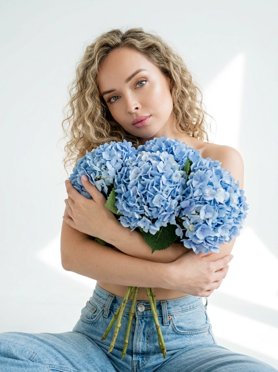 Женщина позирует в на белом фоне. Мягкие тени на стене и полу, ощущение воздуха и пространства. Макияж натуральный: ровный сияющий тон кожи, подчеркнутые ресницы, мягкие розовые губы. Атмосфера кадра — женственность, свежесть, легкость, весеннее настроение. Крупный план по грудь. На ней только светло-голубые широкие джинсы Levi’s с высокой посадкой. Взгляд в камеру, спокойное уверенное выражение лица. Голова немного наклонена вбок.

Какие будут цветы?: Она обнимает большой букет голубых гортензий, полностью прикрывая им грудь. Стебли естественно опущены вниз под весом цветов.