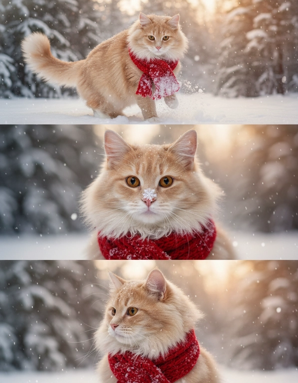     Коллаж из 3-Х фото моего питомца на зимнем фоне в снегу. Питомец в вязаном шарфе, вокруг падает снег, на заднем плане заснеженный лес.

Первый кадр — питомец в полный рост. Он играется со снегом 

Второй кадр — крупный план, увеличенный кадр мордочки питомца с одной снежинкой на носике. Мордочка питомца занимает весь кадр, взгляд прямо в камеру 
 
Третий кадр - портрет питомца, он смотрит в левую сторону. На фото виден шарф, на шарфу есть снежинки 

Три кадра объединены в вертикальный коллаж в едином тоне и свете. Атмосфера — реалистичная, теплая и немного кинематографичная.
Свет мягкий, утренний.  Цвет шарфа - красный 