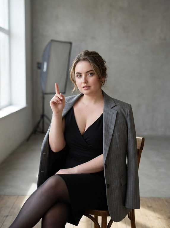 Это постановочное фото, сделанное в помещении с естественным освещением. Женщина сидит на стуле или низкой поверхности, возможно в фотостудии, о чем свидетельствует видимое оборудование на заднем плане, например, отражатель света. Цветовая гамма приглушенная, преобладают серые и белые оттенки, что создает нейтральную атмосферу.

На женщине надето облегающее черное платье с глубоким V-образным вырезом. На плечи накинут серый пиджак в тонкую полоску. На ногах черные колготки. 

Она сидит в расслабленной позе, слегка наклонившись вперед. Одна рука поднята и согнута в локте, палец указывает вверх. На пальцах нет колец. В ушах видны серьги-кольца. Волосы собраны наверх, но некоторые пряди свободно обрамляют лицо.