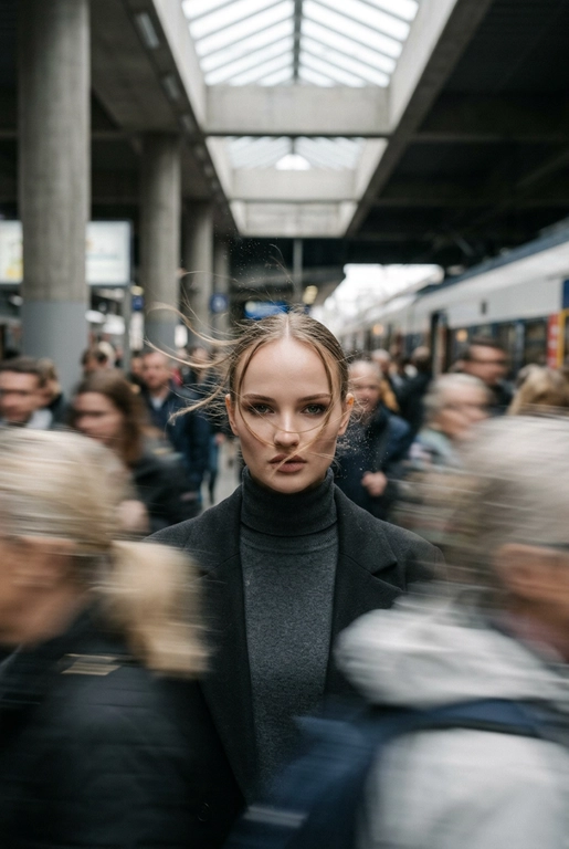 Кинематографичная фотография с эффектом смазанного движения, снятая на Leica SL3 с объективом 50mm Summilux при f/2.8, с фронтального ракурса на уровне груди, с использованием медленной выдержки и панорамирования. Ровный пасмурный дневной свет выступает как мягкий диффузор, позволяя создавать длинные шлейфы размытия без жёсткого контраста. Цветовая тональность — приглушённые бетонно-серые оттенки и нейтральные тона кожи, вдохновлённые фильмами студии A24.
Человек с референса: волосы застыли в движении перед лицом, кожа естественная, глаза пронзительно смотрят прямо в камеру, сохраняя неподвижность среди хаоса; выражение лица спокойное, сосредоточенное. Одежда — сдержанный минималистичный образ без ярких акцентов.
Сотни спешащих прохожих проносятся во всех направлениях, их тела вытянуты в плавные горизонтальные и диагональные размытия. Эмоция — тихий бунт через неподвижность. Эстетика — редакционный покой против хаоса.
Постобработка: чистая физика движения, тонкое зерно, без глитчей, без искажений лица и деформаций анатомии.
–ar 9:16 – raw