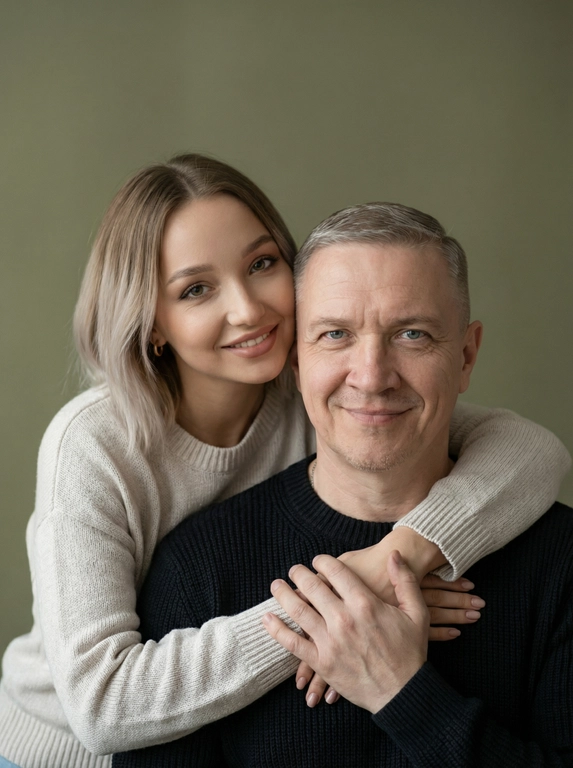 Создай портретный студийный кадр из фотосессии отца и его дочери для этих людей из присланных фото. Дочь нежно обнимает папу сзади, руки мягко сомкнуты на его груди, щекой слегка касается его головы. Оба смотрят прямо в камеру. Спокойные, тёплые, естественные эмоции, лёгкая улыбка.

Приглушенно-зеленый, почти хаки, минималистичный фон. Мягкий естественный рассеянный свет из окна, деликатные тени, акцент на лицах. Натуральная цветокоррекция, светлая чистая палитра, реалистичная текстура кожи без излишней ретуши.

Одежда — базовая и нейтральная: у отца тёмный трикотажный свитер, у дочери светлый вязаный свитер. Без принтов и логотипов.

Кадр — крупный или средний план, плотная композиция, ощущение близости и доверия. Профессиональная съёмка, 85mm lens, shallow depth of field, soft natural light, ultra realistic, high detail, family portrait photography.

