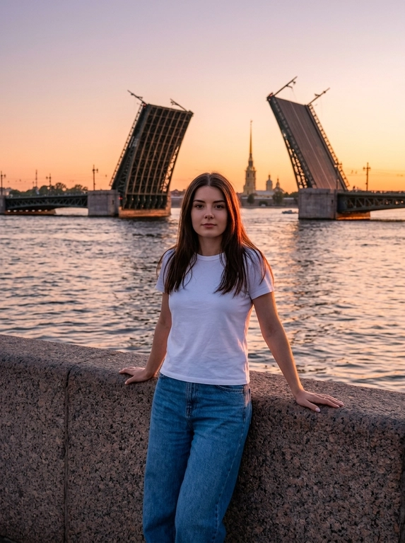Крупный план, центральная композиция. Модель модель стоит, спина прямая, прислоняется спиной опираясь руками на широкий гранитный парапет. взгляд в камеру. На заднем плане — панорама Невы с разведенным Дворцовым мостом и шпилем Петропавловской крепости. Объектив 35mm, средняя глубина резкости, чтобы фон оставался узнаваемым, но мягким.
Минималистичный летний образ: белая футболка, свободные голубые джинсы.
Золотой час (Golden hour). Теплый, мягкий свет заходящего солнца подсвечивает контуры фигуры. Оранжево-розовые отблески на воде и граните. Контровое освещение со стороны горизонта.
Насыщенный закатный колорит: градиент неба от глубокого оранжевого к мягкому фиолетовому. Теплые тона, высокая контрастность силуэта на фоне яркой воды.
Детальная текстура гранитного камня парапета, рябь на воде, отражающая закат. Реалистичные складки на одежде и мягкие тени.
Кинематографичный кадр, высокое разрешение, атмосферное туристическое фото премиум-класса, отсутствие лишних людей в кадре.