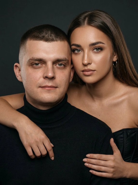 Гиперреалистичный студийный fashion-портрет молодой пары по загруженному референсу, 100% сходство лиц. Черты лица не изменять. Крупный план, кадр по плечи. Мужчина, спокойный уверенный взгляд прямо в камеру, естественное выражение лица, одет в черный трикотажный свитер с высоким воротом. Женщина стоит позади мужчины и нежно обнимает его, ее руки лежат на его плечах. Ее лицо расположено рядом с его лицом, она повернута слегка боком, голова немного наклонена вперед, взгляд направлен прямо в камеру. У женщины выразительные глаза с длинными густыми черными ресницами, естественный clean-glam макияж, натуральные брови, теплый оливковый оттенок кожи, небольшие серьги-кольца. Композиция плотная и интимная, их лица расположены очень близко друг к другу, современный модный портрет пары. Женщина одета в черный корсет. Кожа максимально натуральная: живая текстура кожи, видимые микропоры, subtle skin glow, естественный мягкий блеск кожи, natural skin microtexture, skin translucency, micro skin details, легкие естественные несовершенства кожи, без ретуши и без эффекта пластика. Освещение: мягкий студийный beauty lighting, рассеянный ключевой свет спереди и немного сбоку, мягкие глубокие тени для объема лица, деликатные световые блики на коже. Фон: глубокий темный студийный фон, темно-графитовый или почти черный, создающий контраст с кожей и лицами. Стиль: luxury fashion editorial photography, high fashion portrait, ultra photorealistic, 85mm portrait lens, shallow depth of field, creamy bokeh, cinematic soft lighting, RAW photo, extremely detailed, fine hair strands, natural skin pores, professional photography, photorealism, 8k, high dynamic range.