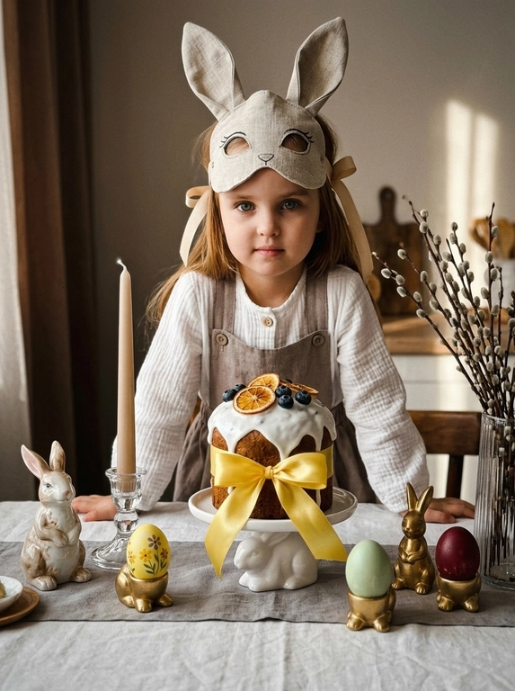 Создай фотореалистичный студийный пасхальный кадр, не меняя черты лица модели, с максимальным сохранением внешности. Уютный домашний сеттинг в эстетике rustic, cottagecore, Kinfolk и натуральных тканей. Модель расположена за праздничным столом, корпус слегка наклонён вперёд, обе руки опираются на столешницу, создавая естественную опору и лёгкое приближение к камере. Модель смотрит прямо в камеру, уверенный и спокойный взгляд, прямой eye contact, лицо хорошо видно, ракурс three-quarter, не профиль. На модели текстильная маска зайца с большими ушами и нарисованными глазами, маска закреплена на затылке тонкими бежевыми лентами, лицо полностью открыто. На модели лёгкая рубашка из белого муслина с рукавами, поверх — льняные шорты или комбинезон приглушённого серо-коричневого таупового цвета на пуговицах и подтяжках. Центральный объект композиции — высокий пасхальный кулич на изящной белой керамической подставке в форме лежащего кролика, покрыт белой глазурью, украшен черникой и дольками сушёного апельсина, перевязан широкой ярко-жёлтой атласной лентой с пышным бантом. На столе: высокая белая конусная свеча в ребристом стеклянном подсвечнике, фарфоровая фигурка кролика, позолоченные подставки в форме зайца с окрашенными яйцами (жёлтое с цветочным принтом, нежно-салатовое, насыщенно-красное), прозрачная розовая ваза с веточками вербы. Стол накрыт белой льняной скатертью, сверху серая дорожка с рюшами. Освещение мягкое боковое, как свет из окна, с тёплыми глубокими тенями. Съёмка с лёгкого низкого ракурса на уровне стола, но композиция выстроена так, чтобы лицо модели было полностью видно и направлено в объектив. Небольшая глубина резкости, передний план с мягким боке. Кинематографическая цветокоррекция в землистых, молочных и серо-оливковых тонах с акцентами жёлтого, красного и золота. Плёночная эстетика: лёгкое зерно, мягкие блики, глубокие тени, высокая детализация текстур ткани, керамики, дерева и глазури. moody underexposed fashion photography, intentionally lowered exposure, deep crushed blacks, rich shadows, high contrast, soft natural highlights, subtle film grain, shallow depth of field, 50–85mm lens, editorial style, realistic lighting, high detail.