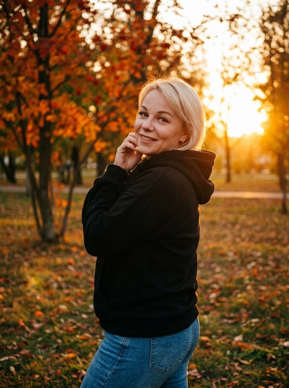 Фотореалистичная lifestyle-фотография женщины на улице в парке в осенний сезон. На заднем плане крепкие деревья, с которых уже начинает осыпаться листва. На горизонте мягкое яркое сияние рассвета или заката, создающее тёплую атмосферу и красивую естественную подсветку.

Стиль фотографии — модный уличный кадр с эффектом живой фотосессии, снятой на естественном свете. Основная палитра строится на тёплых оттенках закатного неба, осенней листвы и контрасте тёмной одежды. Атмосфера спокойная, лёгкая и немного мечтательная.

Женщина стоит в пол-оборота к камере, корпус слегка развёрнут в сторону, голова повернута назад через плечо. Она смотрит в камеру с лёгкой мягкой улыбкой. Одна рука слегка приподнята и находится рядом с лицом, поза выглядит естественной, расслабленной и непринуждённой, без ощущения постановки.

Волосы слегка развеваются от воздуха.

На женщине  Свободный чёрный укороченный худи с капюшоном, который мягко прикрывает часть шеи и плеч. Образ casual, простой, расслабленный и стильный, хорошо контрастирует с тёплым осенним светом.

Кадр снят немного дальше: женщина показана примерно до верхней части бёдер, чуть ниже линии ягодиц, чтобы лучше читались поза и силуэт. Композиция сохраняет акцент на лице, выражении и атмосфере, но даёт больше воздуха и пространства вокруг.

Освещение полностью естественное, мягкое и тёплое, с деликатным свечением от заката или рассвета. Фотография выглядит как дорогой, но живой кадр для Pinterest или социальных сетей: реалистичная текстура кожи и ткани, без глянцевой ретуши, без эффекта пластика, без ИИ-сглаживания.