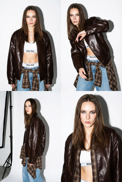  Коллаж из четырех фотографий женщины с загруженной фотографии лицо не изменять 100% сходство в стиле high-fashion и streetwear. Она позирует в студии с жестким направленным светом. На ней надет белый спортивный топ-бра и трусы-боксеры с логотипом на резинке (стиль Miu Miu), светлые голубые джинсы свободного кроя и объемная темно-коричневая кожаная куртка из глянцевой кожи. На талии повязана коричневая клетчатая рубашка в стиле гранж. 
Детализация для нейросети 
• Внешность и поза: Модель с выразительными чертами лица. Позы динамичные: взгляд в камеру, легкий наклон корпуса, руки в движении. 
• Одежда и текстуры: 
• Куртка: Оверсайз, темно-шоколадного цвета, с интенсивным виниловым или лакированным блеском. 
• Белье: Белый хлопковый трикотаж с минималистичным черным текстом по центру резинки. 
• Низ: Светло-голубой деним, классическая клетка «тартан» на рубашке (бежевый, коричневый, белый цвета). 
• Освещение и фон: Профессиональный студийный свет, создающий глубокие контрастные тени на белом фоне. Видны элементы студийного оборудования (стойка софтбокса) по краям кадра, что добавляет эстетику «backstage» или журнальной съемки. 
• Стиль съемки: Эстетика модных журналов 2000-х (Y2K) в современной интерпретации. Высокое разрешение, четкие текстуры кожи и ткани, эффект вспышки «в лоб».
3:4