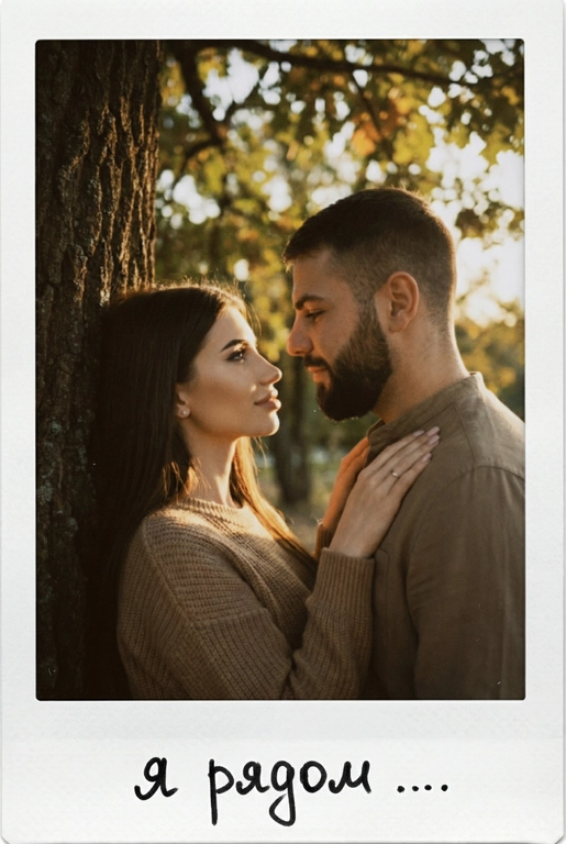 Портрет пары в мягком золотом вечернем свете, они влюбленно смотрят друг на друга у дерева, спокойный, тёплый, естественный. Ее рука у мужчины на плече. Фото оформлено в виде полароидного снимка: белые широкие поля, характерная матовая текстура, лёгкая виньетка, зернистость. На нижнем поле — короткая надпись маркером рукописным шрифтом. Текст на полароиде: я рядом ...