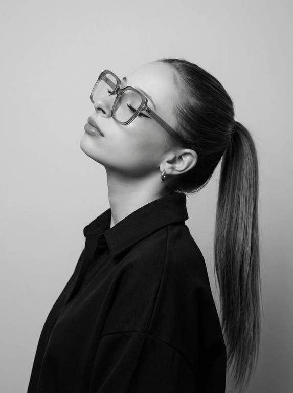 Чёрно-белый минималистичный фотореалистичный портрет, студийный мягкий свет спереди‑сверху, нейтральная светлая однотонная стена как фон. Девушка в профиль: голова запрокинута назад, подбородок поднят, глаза закрыты — расслабленная fashion-поза с акцентом на линии шеи и контуры лица. Обязательно точно сохранить черты лица с референс-фото (без искажений); крупные квадратные очки в массивной полу-прозрачной оправе с естественными бликами. Детали лица: длинные ресницы и чёткие стрелки, выразительные губы, естественная текстура кожи, аккуратный ретуш. Одежда: тёмный объёмный верх с выразительным воротником, маленькая серьга-кольцо. Стиль: высокая графичность и контраст, чистые линии, лёгкая драматичность, максимальная детализация и фотореализм, аккуратные светотеневые переходы, подчёркнутые контуры.

Какая будет прическа?: Гладкие волосы, высокий длинный густой хвост.
