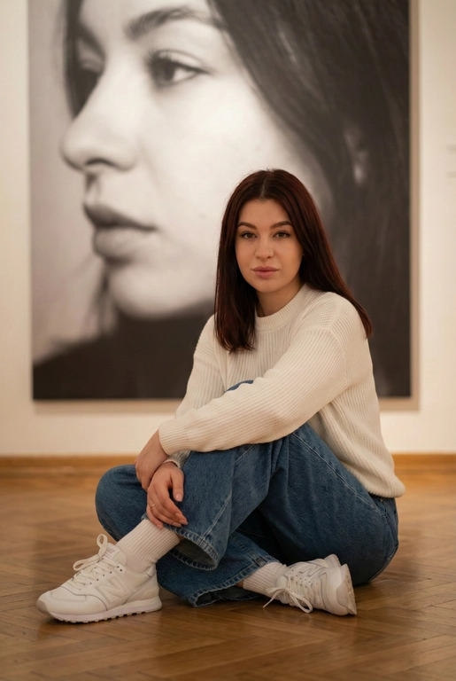   Максимально сохранить внешность, причёску и длину, как на фото.
Женщина должна сидеть на полу в изящной позе, в современном белом джемпере , в широких джинсах и белых носках и белых  кроссовках New Balance.

Её волосы как на фото
Выражение лица, как на фото, она смотрит на камеру .

Фон — тот же её профиль, в мягком крупном чёрно-белом художественном стиле, крупный план сбоку.

Композиция должна быть художественной, мягкой, реалистичной.
Создай изображение, которое выглядит как настоящая фотография.
