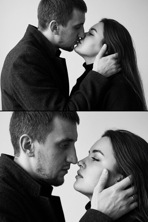 Не меняй внешность. Фотография представляет собой диптих (двойное изображение), выполненный в черно-белой гамме, который запечатлел пару в двух последовательных, нежных моментах. Общий стиль снимка — минималистичный и драматичный.
Верхний Кадр: Поцелуй
• Действие: Пара запечатлена в момент поцелуя.
• Мужчина: Слева, в профиль. Он одет в темное пальто или пиджак с высоким воротником. Его губы соприкасаются с губами женщины.
• Женщина: Справа, в профиль, с приподнятым подбородком, чтобы дотянуться до мужчины. У нее тонкие, изящные черты лица. Она одета в похожее темное пальто с воротником-стойкой.
• Эмоция: Кадр передает интимность и сосредоточенность на моменте соприкосновения.
Нижний Кадр: Нежность и Взгляд
• Действие: Мужчина и женщина смотрят друг на друга (или почти смотрят) на очень близком расстоянии.
• Мужчина: Слева, в профиль. Выражение его лица более серьезное и задумчивое. Он смотрит прямо на женщину.
• Женщина: Справа. Ее голова немного запрокинута, а глаза почти закрыты, что придает моменту большую чувственность.
• Взаимодействие: Рука мужчины (похоже, его правая рука) нежно поддерживает ее лицо сбоку, держа ее за челюсть/подбородок. Это движение подчеркивает заботу и глубокую эмоциональную связь между ними.
Общий Стиль и Композиция
• Цвет: Использование черно-белой палитры исключает отвлекающие цвета и усиливает драматизм, фокусируя внимание зрителя на контурах, текстурах и эмоциях.
• Одежда: Оба одеты в простые, темные вещи, которые гармонируют с общим настроением снимка.
• Фон: Однотонный, нейтральный, светлый фон (возможно, белая или светло-серая студийная стена), который создает сильный контраст с темной одеждой пары.
• Композиция: Диптих, разделенный горизонтальной линией, показывает два мгновения близости, создавая историю или последовательность.
Снимок производит впечатление элегантной, высококлассной модной или арт-фотографии, посвященной теме глубокой, серьезной любви и страсти.