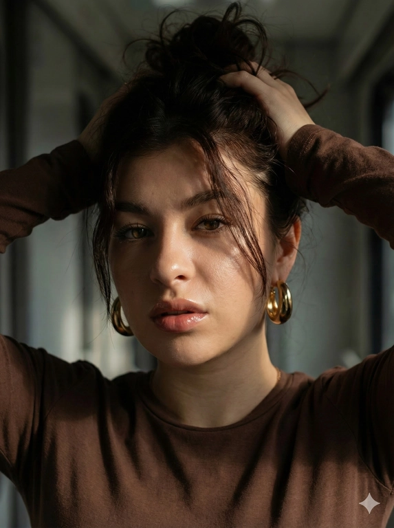   Чувственный портрет потрясающей женщины с исходного фото по пояс , снятый с очень четкого, кинематографического ракурса, который обрамляет ее лицо и плечи, глубоко погружая зрителя в происходящее. Она смотрит в камеру. Эффектное направленное освещение создает глубокие тени и подчеркивает естественное сияние ее кожи, создавая завораживающую игру света и

тени.

Ее блестящие губы слегка приоткрыты, глаза, Ее волосы беспорядочно собраны на макушке, как будто она импульсивно подняла их своими руками; не аккуратный пучок, а грубый, спонтанный жест. Распущенные пряди падают на ее лицо и Виски, отражая свет и придавая интимность моменту. Ее пальцы по-прежнему вплетены в волосы, усиливая ощущение эмоциональной Капитуляции и уязвимости.Коричневый лонгслив 

Массивные золотые серьги поблескивают в т...