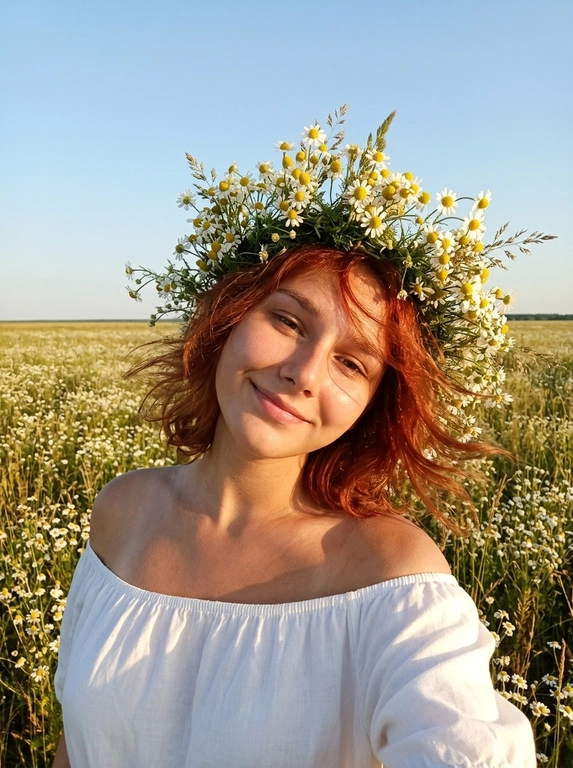 Женщина делает селфи. На ней белое легкое платье с открытыми плечами, лёгкое хлопковое  платье. Кожа загорелая. У нее на голове объёмные цветочные венки из мелких полевых ромашек . Венки должны быть пышные, натуральные, свежие, как летний flower crown. Цветы расположены вокруг головы, без искусственного вида.
Её волосы развиваются от ветра слегка падая на лицо.
Фон: летнее поле с ромашками. Открытое небо без облаков слегка голубое.
Не размывай фон. Голова слегка наклонена к плечу.
Рук в кадре нет.
Горизонт прямой , волосы сильно развиваются от ветра. Солнечная погода в золотой час.