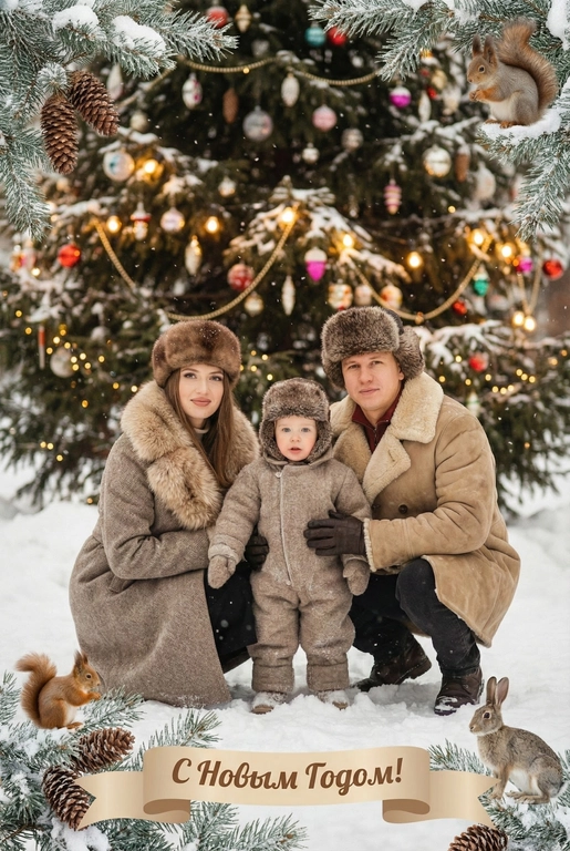   создай новогоднюю фотографию в стиле советского фильма: лица максимально похожи на исходное фото, на улице, в старой зимней одежде (пальто/шуба с меховым воротником, меховая шапки из ондатры или норки). Идёт снег. На фоне размытая украшенная советскими стеклянными игрушками ёлка с гирляндами и тёплыми огоньками. Внизу бежевая декоративная лента с надписью. Рамка по краям из еловых веток со снегом, добавить шишки, белочек и зайчиков. Атмосфера уюта и ностальгии, мягкие кистевые мазки, тонкая плёночная зернистость, мягкая глубина резкости. Надпись на ленте: "С Новым Годом!"