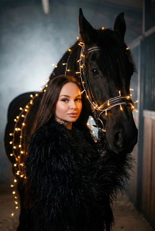 Создай крупный портрет, не меняя черты лица. Фотография в стиле высокой моды. Женщина, одетая шубу из пера страуса. Она стоит рядом с вороной лошадью, которая полностью обвита светящимися теплым светом гирляндами. Гирлянда также идет поверх узды.  Освещение драматичное, кинематографичное, с  неоновым свечением и легкой дымкой на заднем плане в конюшне . Высокая детализация, 8k, профессиональная съемка. Лицо девушки освещено мягким теплым светом. Глубокие тени, туман, мистическая и сюрреалистичная атмосфера. Фото на камеру 35mm, малая глубина резкости. Цвет шубы - черный