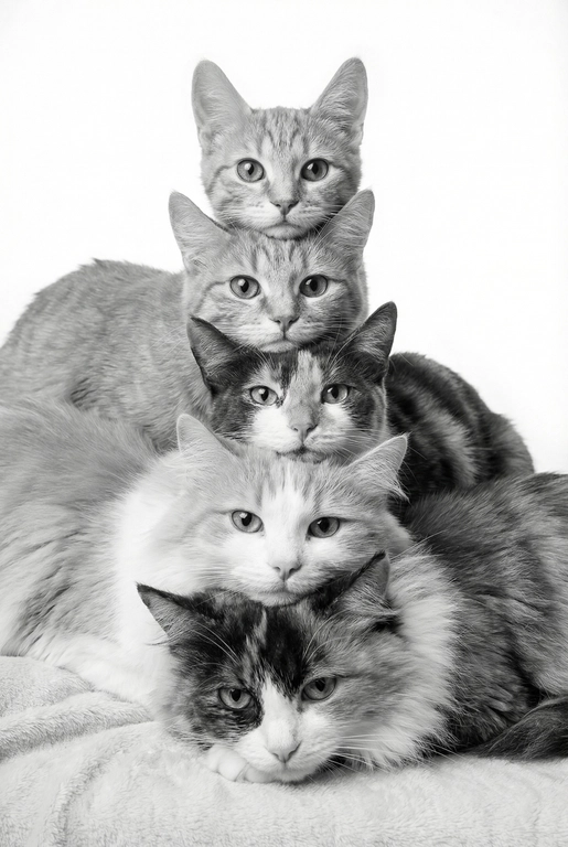 На основе предложенных фотографий, создай чёрно-белый профессиональный студийный портрет для этих людей, снятый сверху (top-down, overhead shot). Сохрани настоящие лица, возраст и индивидуальные черты людей.
Композиция «снизу вверх», шахматный порядок:
﻿﻿самый старший человек находится внизу, как мягкая подушка, его голова опирается на нейтральную студийную поверхность (например, плед или подушка);
следующие люди аккуратно и легко расположены на старшем человеке в шахматном порядке, их голова слегка приподнята, без ощущения давления; ﻿﻿

Несмотря на шахматное расположение, головы выстроены строго в одну вертикальную линию, взгляд в камеру.
Расположи их по убыванию возраста.

Видны только головы и плечи. Выражения мягкие, спокойные, нежные. Одежда однотонная, светлая или нейтральная, элегантная, без чёрного цвета.
Фон - чистый студийный, без пола и лишних деталей, создающий эффект «воздушного» портрета.
Стиль и освещение:
Студийная высококачественная чёрно-белая фотография (high-key).
Мягкий ровный свет сверху, минимум теней. Чистый фон; фотореализм, высокая детализация лиц, аккуратная текстура кожи; 8K.
