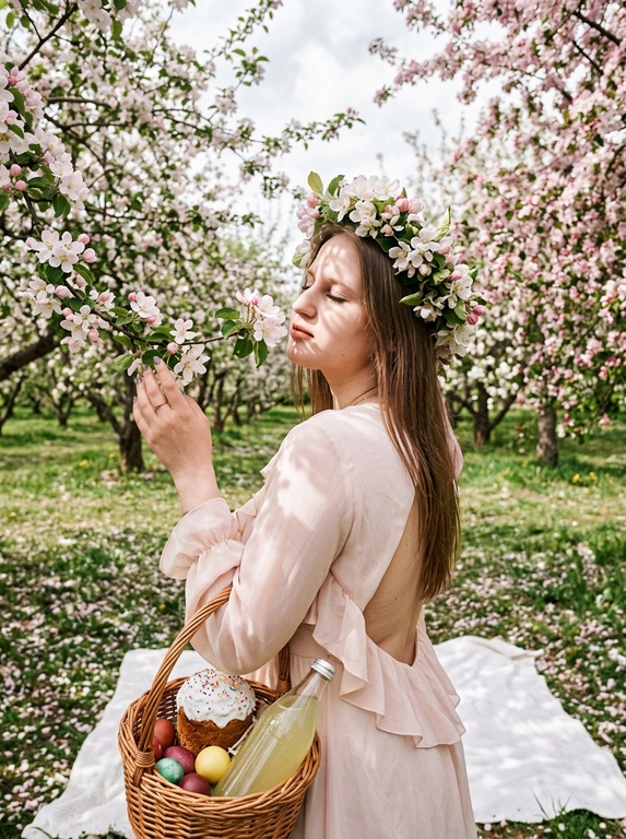 Кинематографический близкий портрет с добавлением зерна. На ней лёгкое платье  с открытой спиной и рюшами. На голове роскошный венок, сплетённый из живых весенних цветов. Цветущий фруктовый сад в разгаре весны. Яблони и вишни покрыты бело-розовым облаком цветов. На траве расстелено белое покрывало, на котором стоит плетёная корзина с куличами, яйцами и бутылка домашнего лимонада. Лепестки цветов усеивают землю и покрывало. Женщина стоит под цветущей яблоней, слегка запрокинув голову и закрыв глаза, вдыхая аромат цветов. Одна рука нежно касается ветки дерева, вторая придерживает корзину. Ветер слегка касается платья. Мягкий рассеянный свет в облачный, но яркий день. Цветущие ветки создают причудливую игру кружевных теней на лице и платье женщины. Общее освещение мечтательное, с высокой тональностью. Сохрани внешность модели 1:1.


Какого цвета будет платье?: Платье нежно-розового цвета.