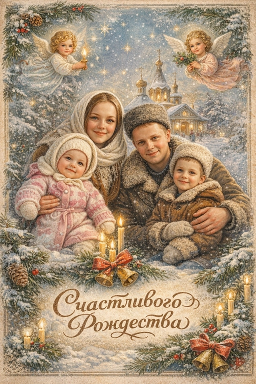 Создай винтажную рождественскую открытку со всеми людьми или одним человеком из предоставленных фотографий. Стиль - советские сказочные открытки 1950-1970-х годов, мягкая живописная иллюстрация, ощущение тепла и уюта. Композиция и формат: • Персонажи остаются в центре композиции • Фон - православная церковь, зимняя сказочная атмосфера Лица: • Лица сохранить максимально похожими на оригинальную фотографию (one-to-one likeness) • Без изменения черт лица, возраста и эмоций • Реалистичное сходство, аккуратная художественная стилизация без искажений. Одежда и образы: • Заменить современную одежду на старинную зимнюю советскую одежду. Если человек- женского пола , то добавь белый платок на голову. ⁠ Декор и детали:  • Хвойные ветки • ангелочки в сказочном стиле, церковные свечки • Лёгкий снег, морозные узоры Цвет и атмосфера: • Светлая, зимняя, мягкая цветовая палитра • Пастельные оттенки, эффект старой бумаги, легкое зерно • Сказочное, теплое новогоднее настроение  • Шрифт - изящный, рукописный, сказочный, в стиле советских открыток. Надпись: «Счастливого Рождества»