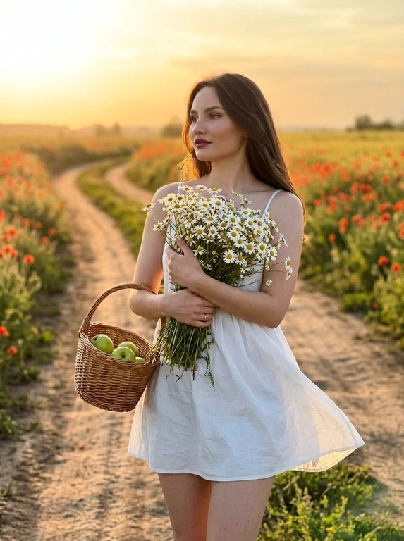Ультрареалистичное лайфстайл-фото, снятое как на iPhone 17 Pro, загородная дорога уходящая в перспективу среди цветущих маковых полей на закате, тёплый золотой свет, мягкий контровый свет по контуру тела, естественное боке на заднем плане, лёгкая дымка в воздухе, женщина в кадре по бёдра, полуоборот 3/4 влево, корпус прямой, плечи расслаблены и опущены, правое бедро слегка отведено назад создавая естественную линию тела, подбородок немного приподнят, взгляд направлен в сторону солнца, спокойное мечтательное выражение, у груди большой живой букет ромашек, правая рука мягко обнимает букет, левая держит стебли снизу, в другой руке плетёная корзинка с зелёными яблоками, лёгкое короткое платье на тонких бретелях с воздушной юбкой слегка движущейся от ветра, натуральный макияж с мягкими бежевыми тенями, тонкой чёрной стрелкой, длинными густыми ресницами и винным тинтом на губах, живая текстура кожи, естественный закатный свет с тёплыми бликами и мягкими тенями без жёстких провалов, натуральные цвета с лёгкой тёплой тональностью, минимальная обработка без ретуши кожи, максимальный реализм, лёгкая глубина резкости, фокус на лице и букете, фон мягко размывается


Цвет платья: Белое
