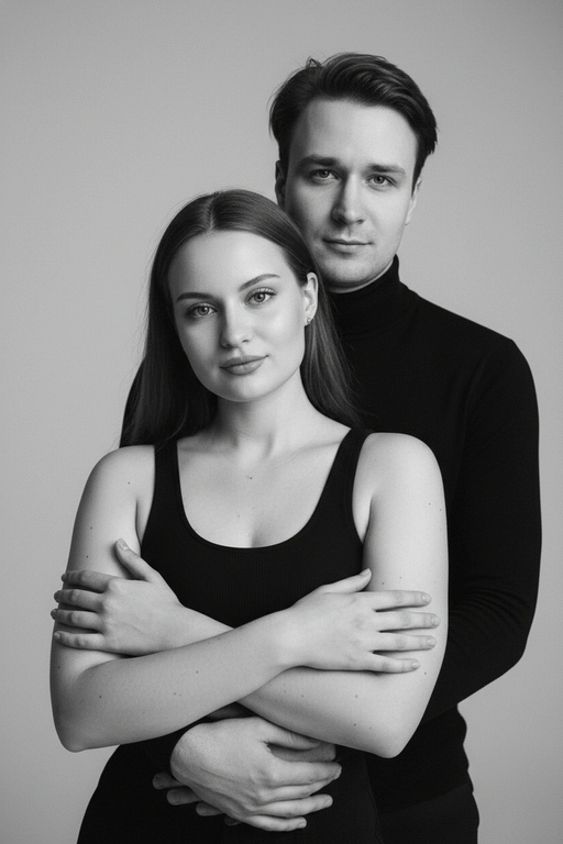Черно-белый портрет мужчины и женщины в стиле фэшн фотосессии в фотостудии. Не изменяйте лица. Фон нейтральный, однотонный, светло-серый. Атмосфера интимная и спокойная. На переднем плане женщина. Вся композиция выполнена в приглушенной монохромной гамме со студийным освещением, которое подчеркивает текстуру кожи и одежды. Её руки лежат на груди мужчины. Мужчина обнимает женщину сзади, положив свою руку поверх её руки. Она одета в черный топ.Мужчина одет в  классическую черную водолазку 