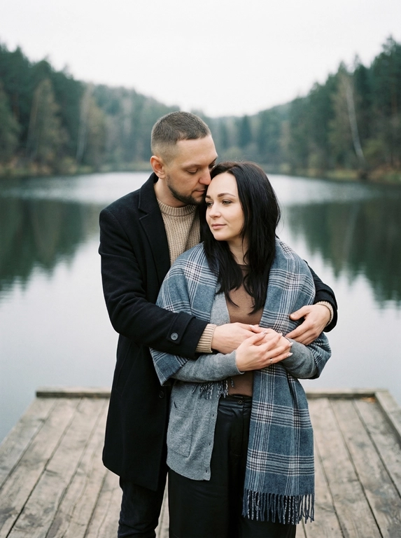 Фотография изображает пару на деревянном пирсе, возможно, у озера или реки. Стиль снимка — естественный, с мягким освещением и приглушённой цветовой гаммой, создающей атмосферу спокойствия и умиротворения. Кажется, это кадр из фотосессии, посвящённой отношениям.
Мужчина стоит позади женщины, обнимая её. Женщина стоит перед ним. Не менять причёску и сохранить черты лица. Руки мужчины обнимают женщину, его голова наклонена к её голове, создавая интимный момент. Руки женщины переплетены с руками мужчины.
Поза расслабленная, лица обоих выражают спокойствие.

Какая будет одежда?: Мужчина одет в чёрное пальто и бежевый свитер. Женщина одета в серый кардиган или пальто, накинутое поверх коричневого свитера или блузки, и тёмную юбку или брюки. Поверх кардигана наброшен большой клетчатый шарф в сине-серых тонах.