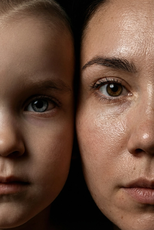   создай портрет, не меняя черты лица. Крупный план (extreme close-up) двух лиц людей, их лица прижатых друг к другу. Видны только половины каждого лица.
Драматичное освещение в стиле чиароскуро, глубокие тени.
Невероятная детализация кожи: видны поры, текстура, естественный блеск у женщины.
Выразительный взгляд прямо в камеру. Высокое разрешение, макросъемка, профессиональное студийное фото, 8K.