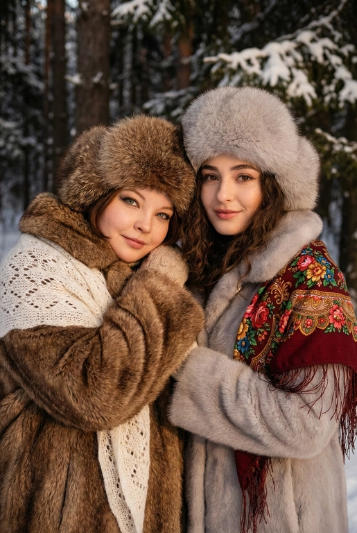 Создай кадр, который представляет собой теплый, уютный, слегка ностальгический зимний портрет в фэшн/фолк-стиле. Атмосфера спокойная, элегантная, дружеская близость двух моделей; сочетание высокой моды (мех, профессиональная ретушь) и фольклорной эстетики (вышитый шарф). Композиция и позирование: Форма кадра: портретный, вертикальный (соотношение примерно 3:4). Расположение: две женщины в центре кадра, тела и головы видны на груди; правая модель немного ближе к камере. Позы: девушки стоят близко друг к другу, левая модель слегка опирается на правую; плечи слегка повернуты к камере. Взаимодействие: мягкая улыбка, закрытое выражение лица, взгляд в камеру; дружелюбный, уверенный тон. Лица и макияж: Кожа: гладкая, естественная текстура, легкий эффект сияния. Глаза: аккуратные блики – оживляют взгляд; нейтральный/теплый макияж теней. Брови: естественная форма, слегка очерчены. Губы: у правой модели насыщенный матовый красный (центральный акцент), у левой – нежно-розовый нюдовый. Волосы: свободные пряди вокруг лица, несколько прядей с легкой волной для естественности. Шапки: большие пушистые меховые шапки с очень четко выраженной текстурой меха; справа – светло-серый мех, слева – коричневый мех. Форма: высокие, округлые, плотно сидят на голове, частично закрывают лоб – создают силуэт и рамку для лица. Верхняя одежда и текстуры: меховые пальто: густой натуральный мех у левой модели коричневый, у правой модели – светло-серый тон с видимым направлением волосков; богатая текстура и объем. У девушки справа на правом плече маленький платок с традиционным русским орнаментом – яркие цветы и листья, на фоне глубокого красного цвета с золотисто-терракотовыми, зелеными деталями; Тонкая бахрома ниспадает на ее плечо. У девушки слева на левом плече небольшой вязаный белый шарф с крупным ажурным узором, что добавляет контраста в текстуре и цвете. Окружение и фон: Лес: темные хвойные деревья, вертикальные силуэты стволов; снег на земле/вдали — размытый фон (боке).