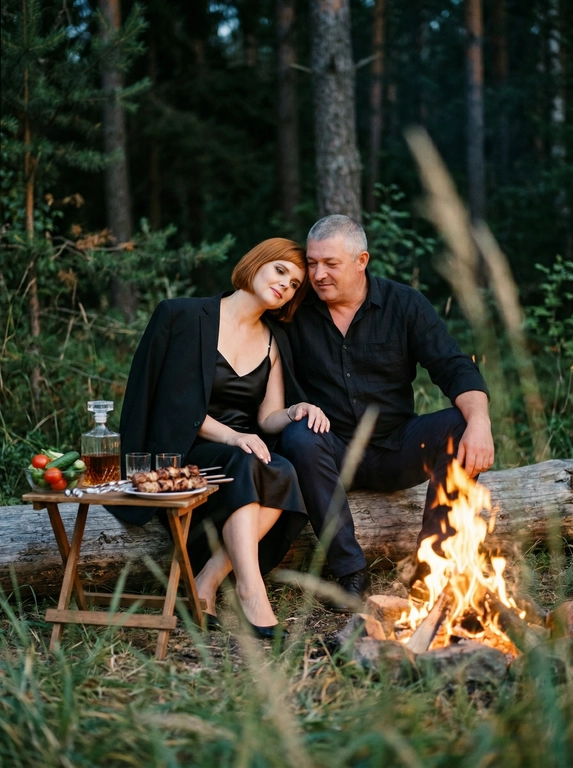 Мужчина и женщина сидят на природе у костра рядом с небольшим столиком, на котором овощи, шашлык, графин с напитком и два стакана. Они находятся в лесу, сидят на бревне. Женщина положила голову на плечо мужчине, оба смотрят на костёр. Фото слегка смазанное. Женщина одета в атласное платье-комбинация на тонких лямках, а поверх накинут мужской черный пиджак. Мужчина в чёрной льняной рубашке с закатанными рукавами. На переднем плане сбоку частично размытая трава вне фокуса, создаёт эффект движения. Кинематографический эффект с добавлением зерна. Не меняй черты лица.