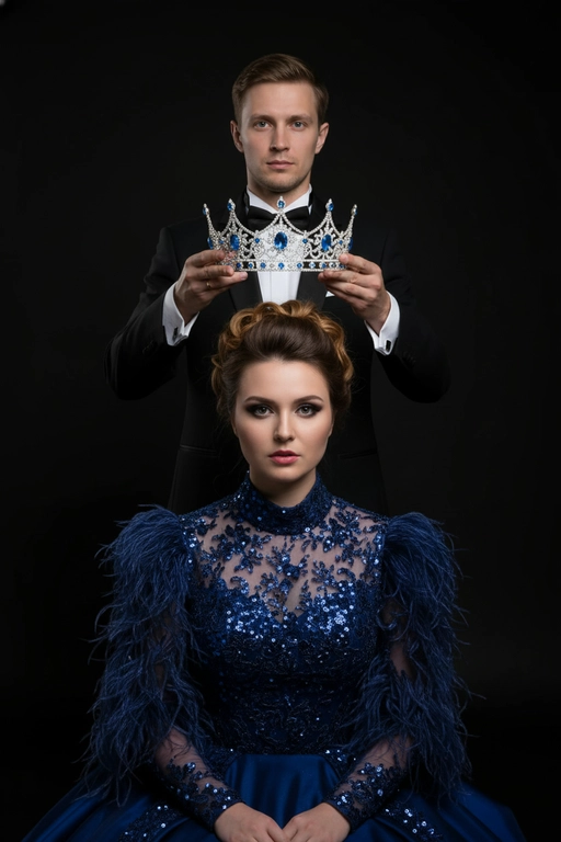 Используй эти два фото мужчины и женщины и создай драматическую и элегантную сцену- портрет . В центре композиции — молодая женщина. Она одета в блестящую светлую блузу с высоким воротом и пышными рукавами, что придаёт её образу аристократичность и утончённость. Её взгляд устремлён прямо в камеру, выражение лица серьёзное и немного отстранённое, губы слегка приоткрыты.  Ее ресницы прокрашены черной тушью.
  
Позади неё стоит мужчина. Он одет в светлую рубашку с длинными рукавами. Мужчина аккуратно держит над головой женщины искусно выполненную корону с богатым филигранным орнаментом и крупными сверкающими драгоценными камнями. Его поза и выражение лица подчёркивают торжественность момента — он выглядит сосредоточенным и серьёзным.  
  
Фон фотографии абсолютно чёрный, что создаёт сильный контраст с персонажами и подчёркивает блеск короны и одежды. Композиция кадра акцентирует внимание на символизме момента: коронация, власть, благородство и, возможно, некая драма или напряжение между персонажами. Общая атмосфера снимка — величественная, загадочная и немного театральная.  Корона цвета белого золотас синими камнями.у неё красивая укладка на ней синее платье с перьями и стразами у мужчины классический смокинг