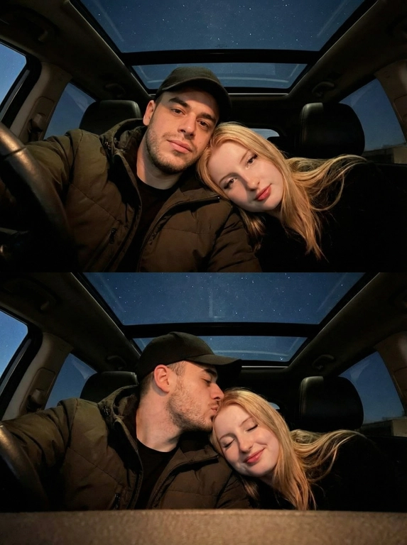 Создайте ИИ-коллаж: романтическое фото пары в машине ночью