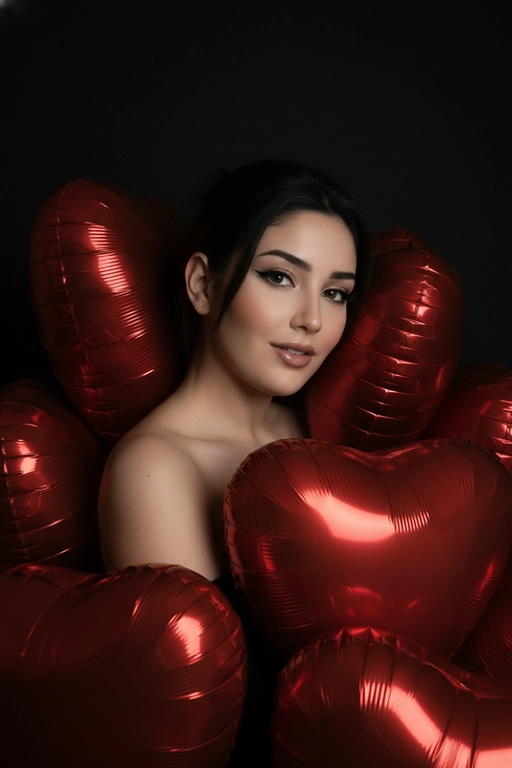 Использовать прикрепленное фото внешности человека. Ультрафотореалистичный портрет женщины в эстетике 14 февраля. Полная темнота, освещение от вспышки. Вертикальный кадр среднего плана. Композиция центрированная, модель плотно окружена множеством фольгированных красных воздушных шаров в форме сердца, которые формируют плотную визуальную рамку вокруг лица и плеч, частично перекрывают тело и располагаются как на переднем плане, так и за спиной. Фон тёмный. Плечи открыты, образ минималистичный, внимание сосредоточено на лице. Макияж: ровный тон кожи с естественной текстурой, черные стрелочки, тени с шимером, глянцевые губы, длинные ресницы. Голова немного наклонена вбок, кокетливое выражение лица. Профессиональное освещение.