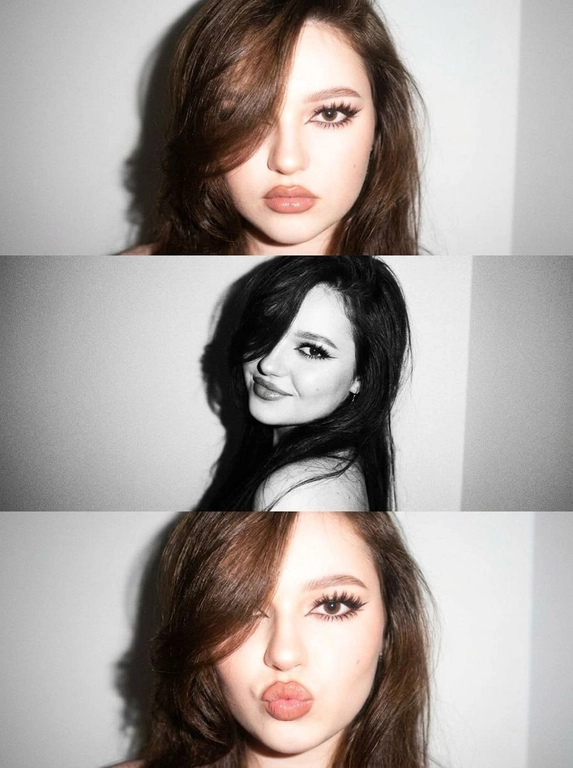 Не меняя черты лица как на фото, вертикальный коллаж из трех фото в стиле Y2K, персонаж позирует на нейтральном светлом фоне, жесткое прямое освещение от вспышки, создающее резкие тени на стене позади и эффект пересвета, лисий макияж, выраженные ресницы с вытянутым уголком, на первом и третьем кадре нет черно-белой обработки, второй кадр — черно-белый, на первой фотографии она очень близко к камере и смотрит прямо в объектив, на втором кадре корпус развернут, голова кокетливо повернута к объективу, на третьей фотографии она снова очень близко к камере, смотрит в объектив, дует губы бантиком и смотрит вперед, сочетание цветных снимков с мягким фокусом и черно-белого кадра с высокой контрастностью, крупный и средний план, минималистичная композиция, винтажная цифровая текстура, легкая размытость, гламурная атмосфера.




Какая будет прическа?: Женщина с красивой, объемной укладкой, укладка выглядит так, будто сделана на брашинг; укладка немного прикрывает лицо, но не сильно; укладка уложена на бок и частично закрывает левый глаз.