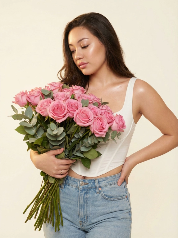     Создай изображение меня,максимально сохрани мою внешность
Создай фотографию молодой женщины в студии. Она стоит и слегка наклонив голову,смотрит на букет  с выражением спокойствия и мечтательности.
Макияж естественный, но выразительный: " и нежно-розовые губы. Кожа идеально гладкая и матовая. Она одета в нежно белый корсет на брительках, который открывает плечи и верхнюю часть груди. На ней светло-голубые джинсы с высокой талией, видна пуговица и карман. Тело подсвечено хайлайтером В руках она держит огромный букет белых цветов: розовые розы и свежая зелень с матовыми листьями , прижимая его к животу. Ее правая рука лежит на бедре, левая придерживает букет; на безымянном пальце левой руки — тонкое кольцо. Фон однородный, светло-кремовый. Освещение мягкое солнечное, ...
