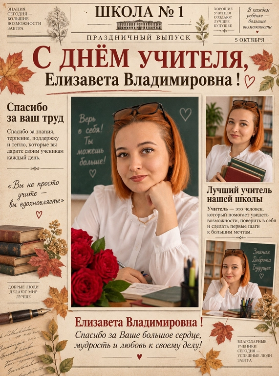 Создай красивую праздничную школьную газету ко Дню учителя.

ФОТО-РЕФЕРЕНС:
Используй прикреплённую фотографию модели Елизавета Владимировна  как строгий референс внешности.

Максимально точно сохрани лицо, черты лица, возраст, причёску, цвет волос и узнаваемость модели.

На всех изображениях должна быть ОДНА И ТА ЖЕ модель — Елизавета Владимировна .

Если на газете используется несколько фотографий, покажи модель в разных естественных ракурсах и позах, но с абсолютно стабильной узнаваемой внешностью.

КОМПОЗИЦИЯ:

Оформление как у настоящей коллекционной винтажной печатной газеты, но в современной премиальной подаче.

Формат 3:4, вертикальный.

В верхней части:
ШКОЛА №1
ПРАЗДНИЧНЫЙ ВЫПУСК

Главный крупный заголовок:

С ДНЁМ УЧИТЕЛЯ, Елизавета Владимировна !

Сделай одно большое центральное фото модели главным визуальным акцентом.

Дополнительно размести 2 небольших газетных фотокадра этой же модели, сохранив черты лица и внешность:
— доброжелательный портрет;
— модель с книгой или тетрадями;
— естественный кадр в красивом школьном интерьере.

Не повторяй одну фотографию несколько раз — изображения должны выглядеть как разные фотографии одной фотосессии.

СТИЛЬ:

premium vintage newspaper
luxury editorial
old European newspaper aesthetic
тёплая фактурная бумага цвета слоновой кости
элегантная газетная типографика
тонкие линии-разделители
аккуратные колонки
много воздуха
дорогая журнальная композиция

Газета должна выглядеть как настоящий памятный коллекционный выпуск, который хочется сохранить.

ЦВЕТОВАЯ ПАЛИТРА:

— тёплый бежевый
— ivory
— кремовый
— глубокий бордовый
— тёмно-зелёный
— графитово-чёрный
— приглушённые золотисто-коричневые осенние оттенки

ДЕКОР:

Очень деликатно добавь:
— несколько осенних листьев
— старинные школьные книги
— перьевую ручку
— небольшие ботанические элементы
— едва заметные винтажные газетные детали

Не перегружай страницу школьной атрибутикой.

ТЕКСТОВЫЕ БЛОКИ:

Добавь небольшие красиво свёрстанные газетные материалы:

«Спасибо за ваш труд»

Спасибо за знания, терпение, поддержку и тепло, которые вы дарите своим ученикам каждый день.

«Лучший учитель нашей школы»

Учитель — это человек, который помогает увидеть возможности, поверить в себя и сделать первые шаги к большим мечтам.

Небольшая цитата:

«Вы не просто учите — вы вдохновляете»

Отдельным красивым акцентом:
Елизавета Владимировна !
Спасибо за Ваше большое сердце, мудрость и любовь к своему делу!

ВАЖНО:

Все русские надписи должны быть написаны БЕЗ ОШИБОК.

Особенно точно сохранить:
ШКОЛА № 1
Елизавета Владимировна 
«С ДНЁМ УЧИТЕЛЯ!»

Не придумывай фамилию, предмет преподавания, стаж работы, достижения или другие факты о модели.

Без случайных английских надписей.
Без логотипов.
Без водяных знаков.
Без современного рекламного дизайна.
Без визуального хаоса.

Финальный результат:
трогательная, эстетичная, премиальная школьная газета ко Дню учителя, посвящённая Елизавета Владимировна  из школы №1, похожая на специально созданный для модели памятный коллекционный выпуск.

Модель должна быть либо у школьной доски, либо за партой. На модели белая нарядная рубашка.