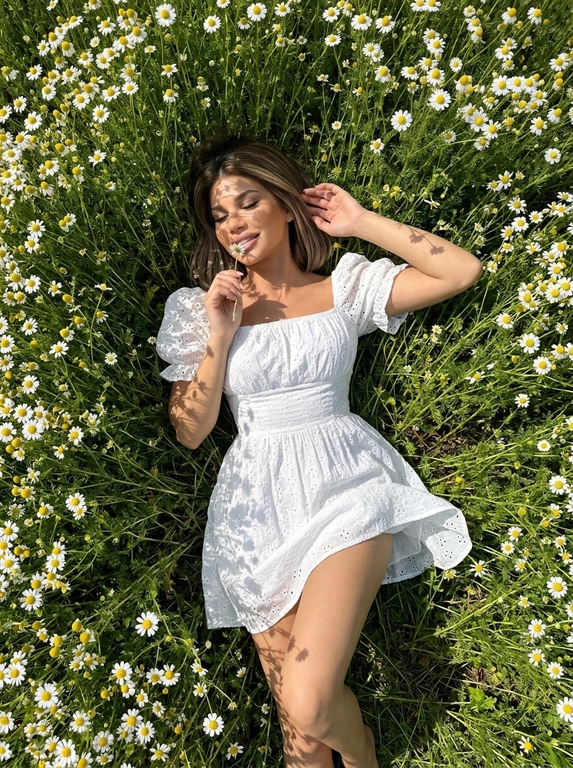 Shot on iPhone 16 Pro Max, phone is not visible in the frame.
Ultra-realistic smartphone photo, no flash, no CGI, no Al look, realistic pores and skin texture. woman lying in a dense chamomile field. Camera positioned directly above her in an almost perfectly vertical top-down angle. Full-body composition from head to knees. Body placed diagonally: head toward the upper left corner, legs toward the lower right.
Surrounded by hundreds of white chamomile flowers. Eyes closed, soft relaxed half-smile. One hand raised to her face, gently holding a chamomile stem so the flower touches her lips.
Calm, poetic atmosphere. Hair spread around her head across the grass and flowers, with a few loose strands on the cheeks and forehead. Ultra-short romantic white peasant-style dress with oversized off-shoulder puff sleeves, square neckline with front ties, voluminous layered skirt, textured broderie anglaise cotton. The skirt is lifted slightly by a gentle breeze.
Open shoulders, collarbones and legs visible. A fallen chamomile flower rests on the dress. Bright sunny daylight creates lace-like shadows from flowers and stems across the dress, face, arms and legs. Entire frame filled with chamomile flowers, green stems and wild grass. Natural iPhone colors, rich greens, clean whites, warm daylight, slightly increased contrast.
Pinterest countryside editorial aesthetic.